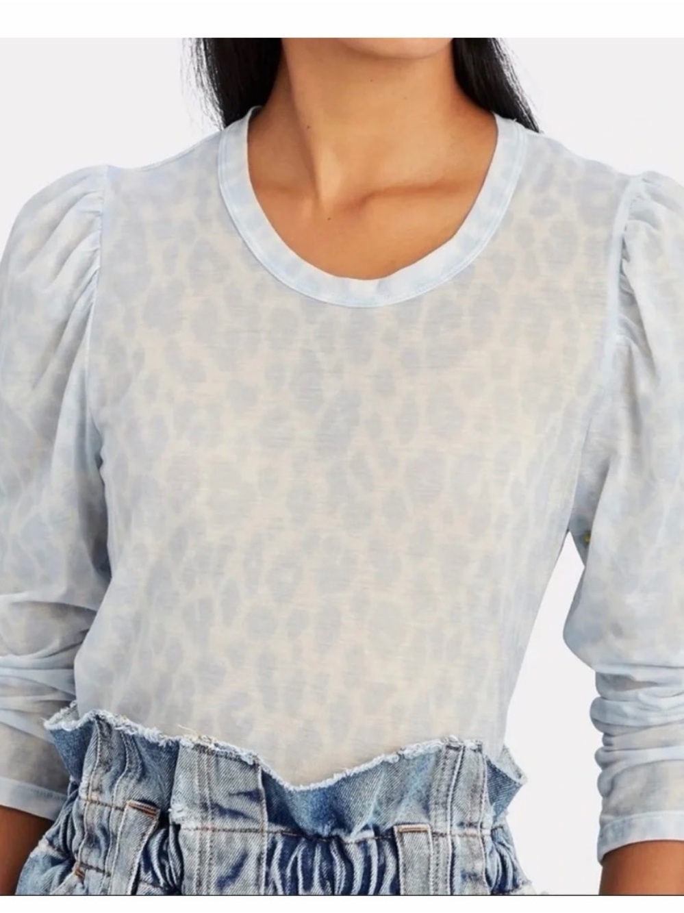 A.L.C. Pale Blue Leopard-Print Puff Sleeve Long Sleeve Tee